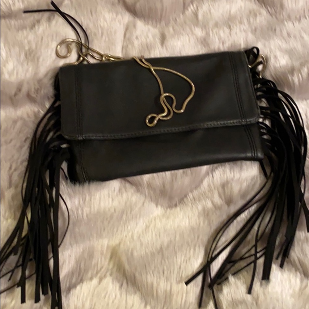 Black leather w suede fringe purse